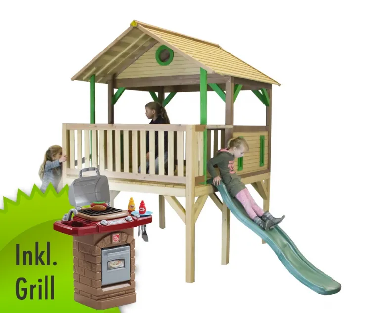 Holz-Kinder-Spielturm hohes & offen Stelzen-Spielhaus Rutsche inkl. Spielgrill
